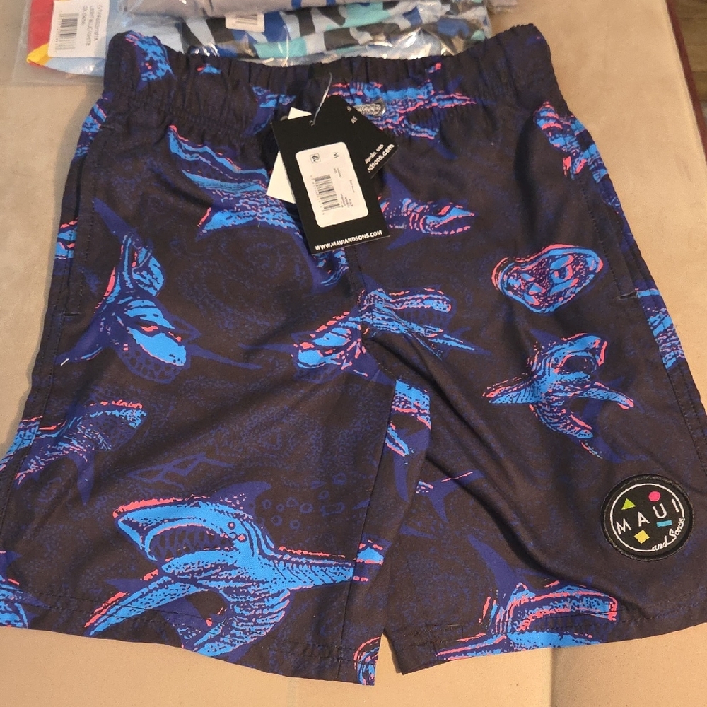 Maui Kids Blue Shark Print Swim Board Shorts